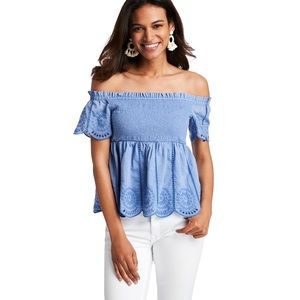 Vineyard Vines Blue Smocked Scalloped Eyelet Lace Top